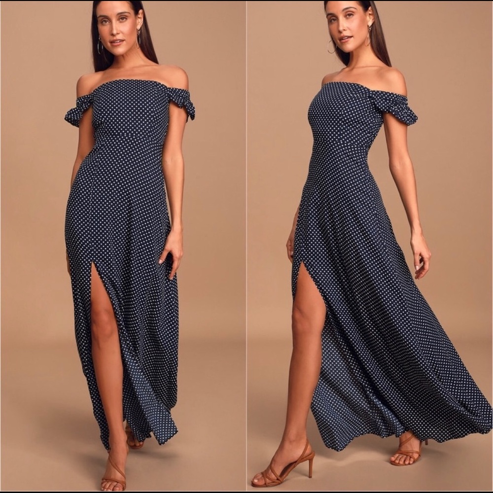 Off-the-shoulder navy maxi dress